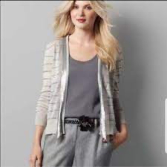 LOFT Lightweight Beige Cardigan with Gray Stripe and Silver Sequin Detail Size M - Picture 3 of 15